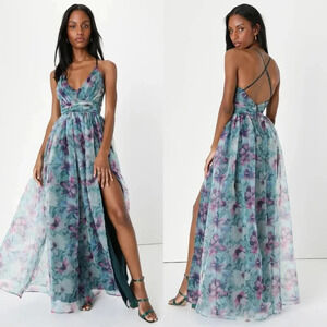 Lulu's Romance That Wows Dark Teal Floral Print Organza Maxi Dress Wedding